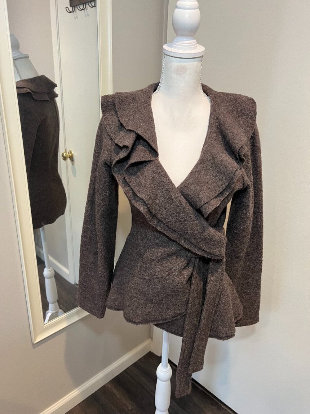 Fenn Wright Manson Brown 100% Wool Ruffle Wrap Cardigan, Size Small